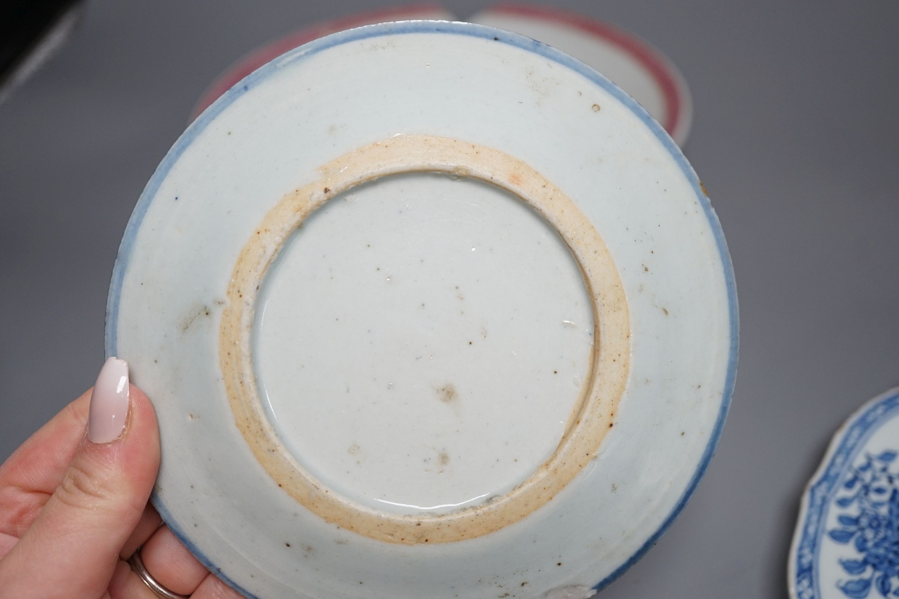 An 18th century Chinese export blue and white dish, 23cm, together with three other Chinese ceramic items